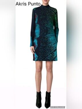 Akris Punto Black & Teal Long-Sleeve Mock Neck Dress Sz 8us